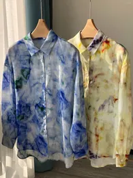 Women's Blouses Vintage Blouse Watercolor Bloom Print Linen Shirt 2023 Long-Sleeved Ladies Turn-Down Collar Single-Breasted Top