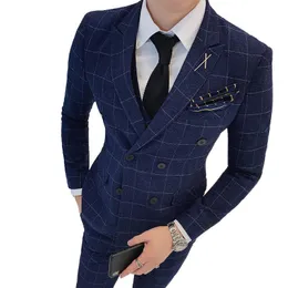 Męskie garnitury Blazery (1 szt. Kurtka) butikowy butik w kratę mężczyzn Casual Business Dost-Breasted Suit Groom Suknia ślubna Slim Mens Bl