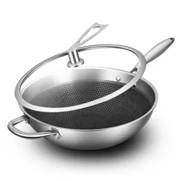 Pannor rostfritt stål wok non-stick pan ingen olje rök obelagd platt botten induktion spis gas köksredskap gjutjärn