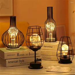Table Lamps Creative Hollow Out Wine Bottle Led Lamp Drinking Glass Light Wrought Iron Night Lantern Red Decor