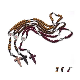 Подвесные ожерелья Классическая древесина розарий высокого качества бусинки длинные цепи очаг религиозные молитвенные колье Иисуса