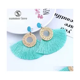 Dangle Chandelier Korea Handmade Wooden St Weave Geometric Big Circle Square Tassel Earrings For Women Style Boho Fringe Drop Jewe Dhae5