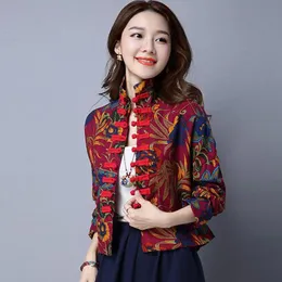 Roupas étnicas Cheongsam Mulheres PLUS TAMPAS TAMPAS COATS 2023 Spring Cotton Blend Prints Splicing Turtleneck Tang Traje Chinese Qipao Shirts W