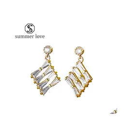 Dangle Chandelier 925 Sier Gold Geometric Rhombus Earrings With Zircon Simple 2 Style Square Fashion Korean Earring Jewerly For Wo Dh28V