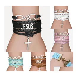 Charm armband mode kors flätat läderrep för kvinnor män religiös Jesus älskar oändlighet armband handgjorda smycken i bk drop otgob