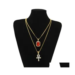 Pendant Necklaces Men S Egyptian Ankh Key Of Life Necklace Set Bling Iced Out Cross Mini Gemstone Gold Sier Chain For Women Hip Hop Dhzd6