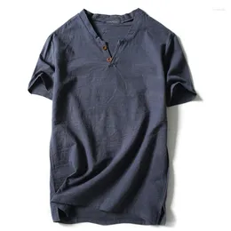 Camisetas para hombres Tops blancos azules Hombres cortos 2023 Estilo de verano con cuello en V Lino Slim Fit Transpirable Camisetas de manga corta M-5XL