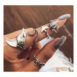 Band Rings Bohemian Fashion Jewelry Knuckle Ring Set Sier Fishtail Geometry Tortoise 5Pcs/Set Drop Delivery Dhr0V
