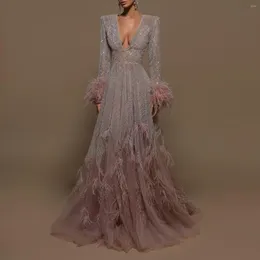 Casual Dresses Arrival Sequined Beading Prom Party Dress 2023 Long Sleeves Feathers Mauve Evening Formal Vestido De Noche Custom