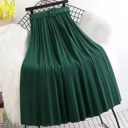 Skirts Spring Summer Mid Dress High-Waisted Skirt Vintage Women Pleated With Belt Lady 8 Colors Fashion Simple Ropa MujerSkirts