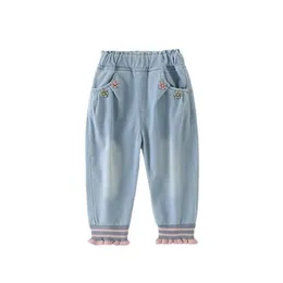 Jeans Sonbahar Kız Kız Kız Çiçek Pantolon Tasarımı Elastik bel eğlence