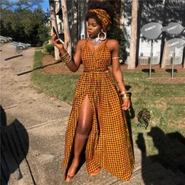 Abbigliamento etnico Abiti africani 2023 Robe Africaine Fashion Abito lungo Abiti spaccati per le donne Stampa Dashiki Fasciatura fai-da-te senza maniche