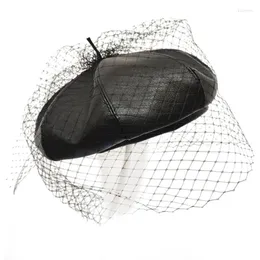 Berets 2023 Spring Beret With Veil Mesh Summer Black Hat Chic Leather French Show Fashion Double Layer Caps For Women Hats