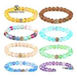 Beaded Strands 12 Colors Moonstone Flash Stone Beaded Bracelet For Women Men 8Mm Dl Polish Frosted Glass Beads Cz Micro Pave Ball C Dhhza