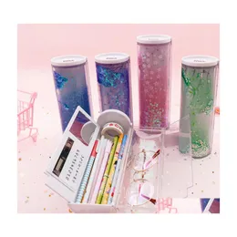 Pencil Cases 2021 Novelty Mtifunction Cylindrical Quicksand Translucent Box Case School Stationery Pen Holder Storge Gift Supply1 Dr Dhtxx