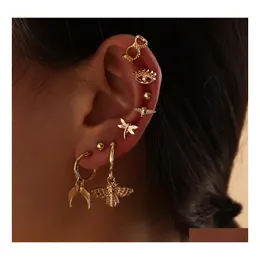 Stud Fashion Jewelry örhängen Set Animal Earring Dragonfly Bee Eye Moon Mtiple Ear Clip 8pcs/Set Drop Delivery DHT6G