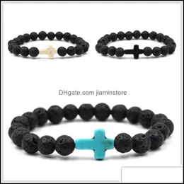 Beaded 9Colors Natural Black Lava Stone Beads Elastic Cross Armband Essential Oil Diffuser Volcanic Rock Drop Delivery Smycken Brace Otjhd