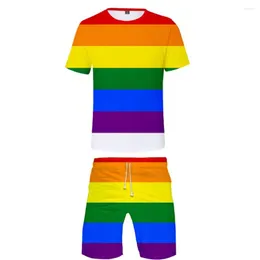Herrar t shirts mode 3d pride regnbåge flagga set tryck male 2 bit set sommar söt kort ärm t-shirts shorts par streetwear toppar