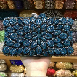 Evening Bags Sparkling Gold Silver Crystal Women Purse Blue Clutch Bag Bridal Wedding Party Handbags Hollow Out Metal