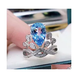Klusterringar 2021 Trend 100 Real Sier för kvinnor Luxury 8x12mm Aquamarine Stone High Carbon Diamond Wedding Engagement Ring Smycken Dhmay
