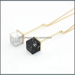 Pendant Necklaces Fashion Natural Stone Square Black White Turquoise Necklace Gold Metal Long Chain Sweater Statement Drop Delivery Otj68