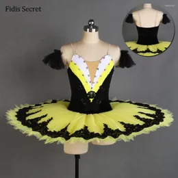 Stage Use plissado amarelo Tulle Black Velvet corpete de panqueca Tutu Dress Women Ballerina Dance Performance Professor Profissional