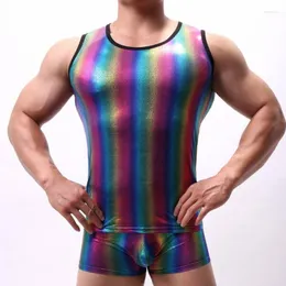 Men's Body Shapers Mens Shiny Fitness Tank Top Rainbow Boxer Short Sleeveless Sexy Vest Undershirts Pouch Underwear Casual Gay Bodysuits