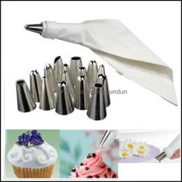 Baking Pastry Tools 16Pc/Set Cake Sile Icing Pi Cream Bag Stainless Steel Nozzle Sets Diy Decorating Tool Bakeware Drop Delivery H Dhtjk