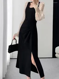 Sıradan Elbiseler Kadın Zarif Midi Siyah Elbise Uzun Kollu Vintage Bodycon Partisi Vestidos Kadın Moda Dış Giyim Robe 2023 Sonbahar