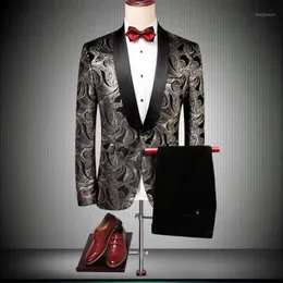 남자 정장 양복 2 피스 (재킷 바지) 비즈니스 캐주얼 패션 프린트 볼 파티 파티 블레이저