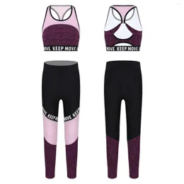 Sahne Giyim Çocuk Kızlar Spor Fitness Egzersiz Jimnastik Kıyafetleri U Neck Sport Sütyen Top Patchwork Pant Pantolon Set Ballet Dans Giyeri Setleri