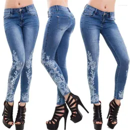 Kvinnors jeans mode stretch broderad för kvinnor elastiska blomma kvinnliga smala denim byxor 2023 mönster pantalon femme