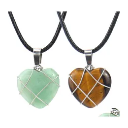 Konst och hantverk Wire Wrap Heart Pendant Halsband Reiki Healing Crystal Tiger Eye Amethyst Aventurines Chakra Necklace For Women Jew Dh3ko