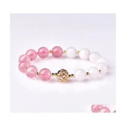 Beaded Strand Wholesale Stberry Natural Crystal And White Stone Bracelets 10Mm Round Beads Bracelet Lucky For Women Girl Fashion Jew Dhpdl