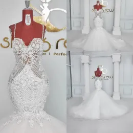 Denizkızı tasarımcı gelinlik gelin elbisesi boncuklu spagetti kayışları tül dantel aplike fırfırlar özel yapılmış vestidos de novia artı boyut