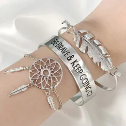 Link Bracelets Chain 3pcs Of Pack Fashion Personality Bangle Bracelet For Women With Leaf Dream Catcher In Silver Tone Female Armbanden