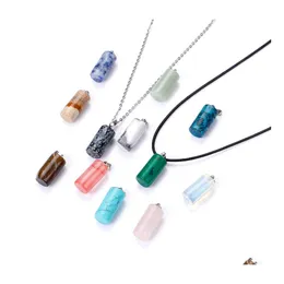 Konst och hantverk Natural Stone Cylinder Pendant Necklace Opal Tigers Eye Pink Quartz Crystal Chakra Reiki Healing Pendum Halsband Dr DH21K