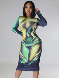 Casual Dresses Women 3D Body Print Midi For Spring Elegant Party Night Club Outfits Sexy O-neck Long Sleeve Bodycon Dress