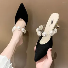 Sandálias Black Apricot Mulheres apontadas de dedo do pé de verão Mulas sexy 2023 Sapatos de salto alto Zapatillas Mujer Casa 34-39