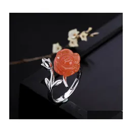 Pierścienie klastra Południowe czerwony agat róży Rose Kwiat Pierścień Women Open S925 Sterling Sier Fashion Gracef Osobowość, aby dać mamie upuszczać Dhx5n