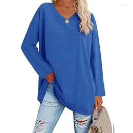 Camisetas femininas femininas safra de cor comprida Mulheres 2023 Spring Autumn Fashion V-shirt básico T-shirt Ladies Casual Pullover solto