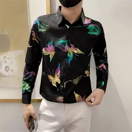 القمصان غير الرسمية للرجال العلامة التجارية ملونة الفراشة ، فستان الرجال الآسيوي الحجم الطويل الأكمام من الذكور مرحلة ملهى ليلي قميص Camisa Social Masculina