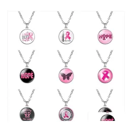 Pendant Necklaces 12 Styles Breast Cancer Awareness For Women Pink Ribbon Glass Faith Hope Cure Believe Fashion Jewelry Gift Drop De Otkuf