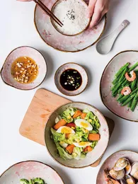 그릇 사쿠라와 접시 세트 일본 황금 림 도자기 식탁기 저녁 식사 플레이트 홈 크리 함께 쌀 그릇 에코 친화적