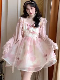 Casual Dresses Summer Bow Sweet Strap Dress Women Ruffle Flounce Bandage Tulle Fairy Mini Female Hem Lace Mesh Princess 2023Casual