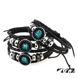 Bracelets de charme Twee Twee Hor￳scopo Bracelete de couro com corda vintage Black Badyted 12 Zodiac For Mull Homens Diy Punk J￳ias D Otk9c