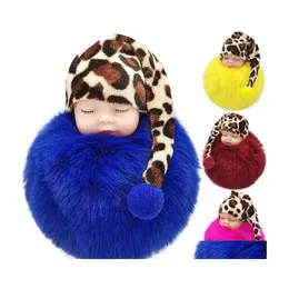 حلقات مفتاحية Slee Baby Doll Fashion Faux Rabbit Fur Ball Fluffy Keychains Leopard Cap Keyfob Pendant Jewelry for Women Drop Deliver