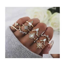 Cluster Rings European And American Jewelry Fashion Temperament Stars Water Drop Rhinestone Protein Alloy Ring Set Of 10 For Women De Dh0Wl