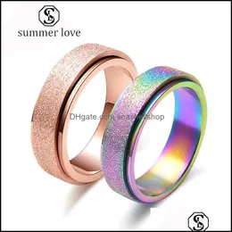 Bandringar Titanium Steel 6mm roterande för Womwn Men Rose Gold Rainbow Frosted Surface Lucky Runner Engagement Wedding Jewerly Gifty Dh32y