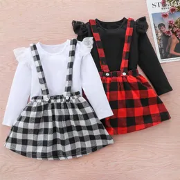 Clothing Sets Infant Baby Girls Christmas Outfits Ribbed Long Sleeve Round Neck T-Shirt Plaid Suspender Pants/Skirt Kids